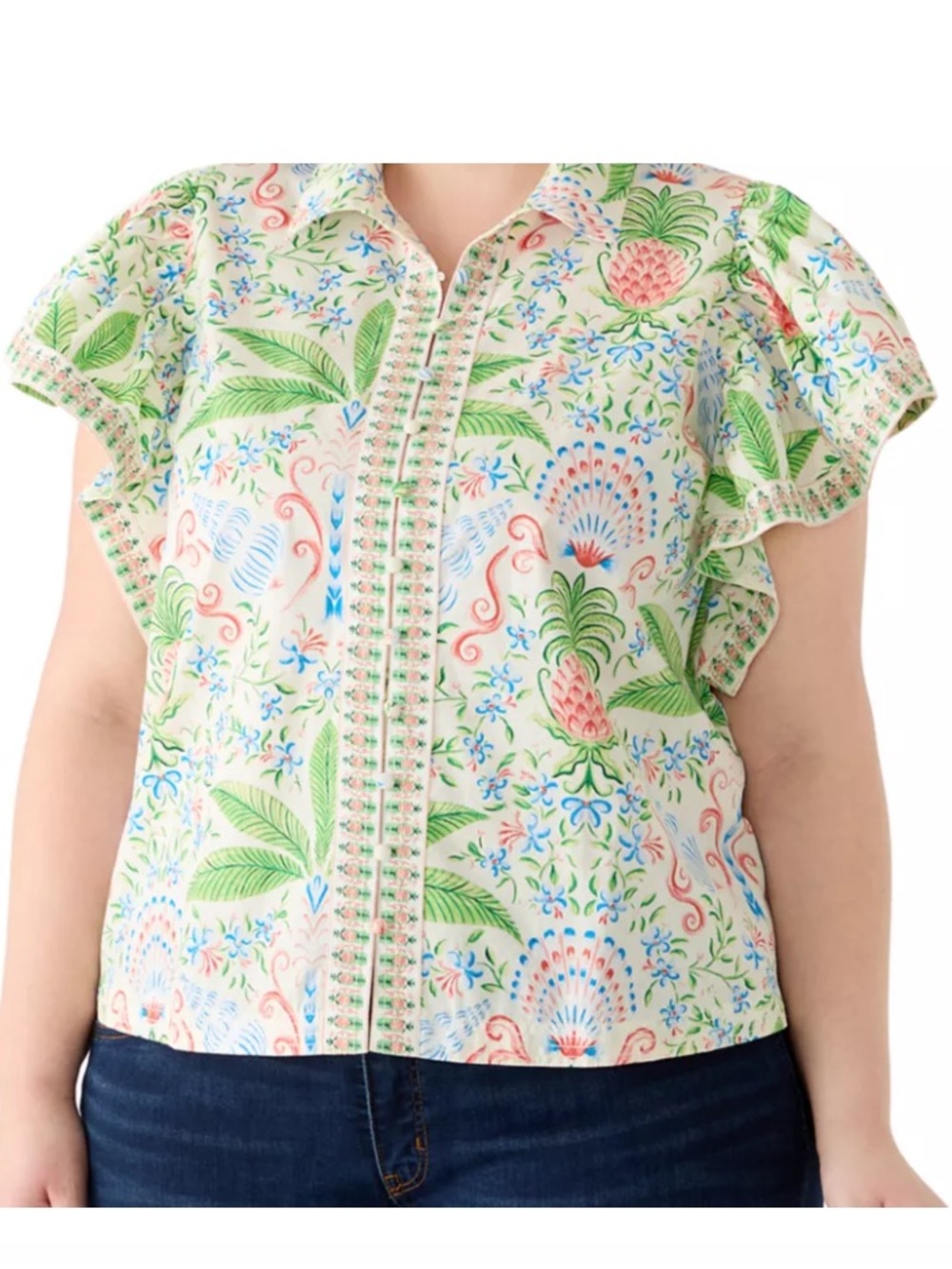 crown & ivy Cream Floral Pineapple Flutter Sleeve Blouse